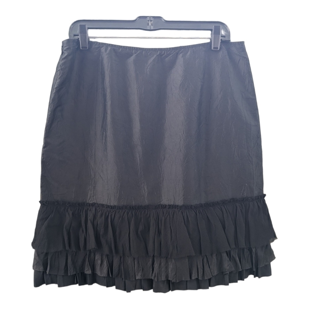 Eileen Fisher 100% Silk, Lined, Tiered Black Ruffle Skirt Size Medium - Picture 2 of 9